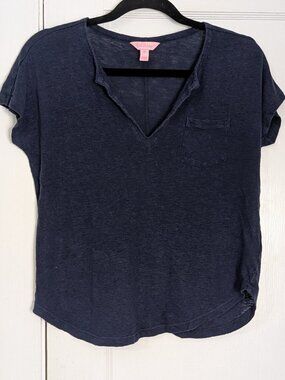 Lilly Pulitzer 100% Linen Women's XS Navy Blue Short Sleeved Lightweight Top